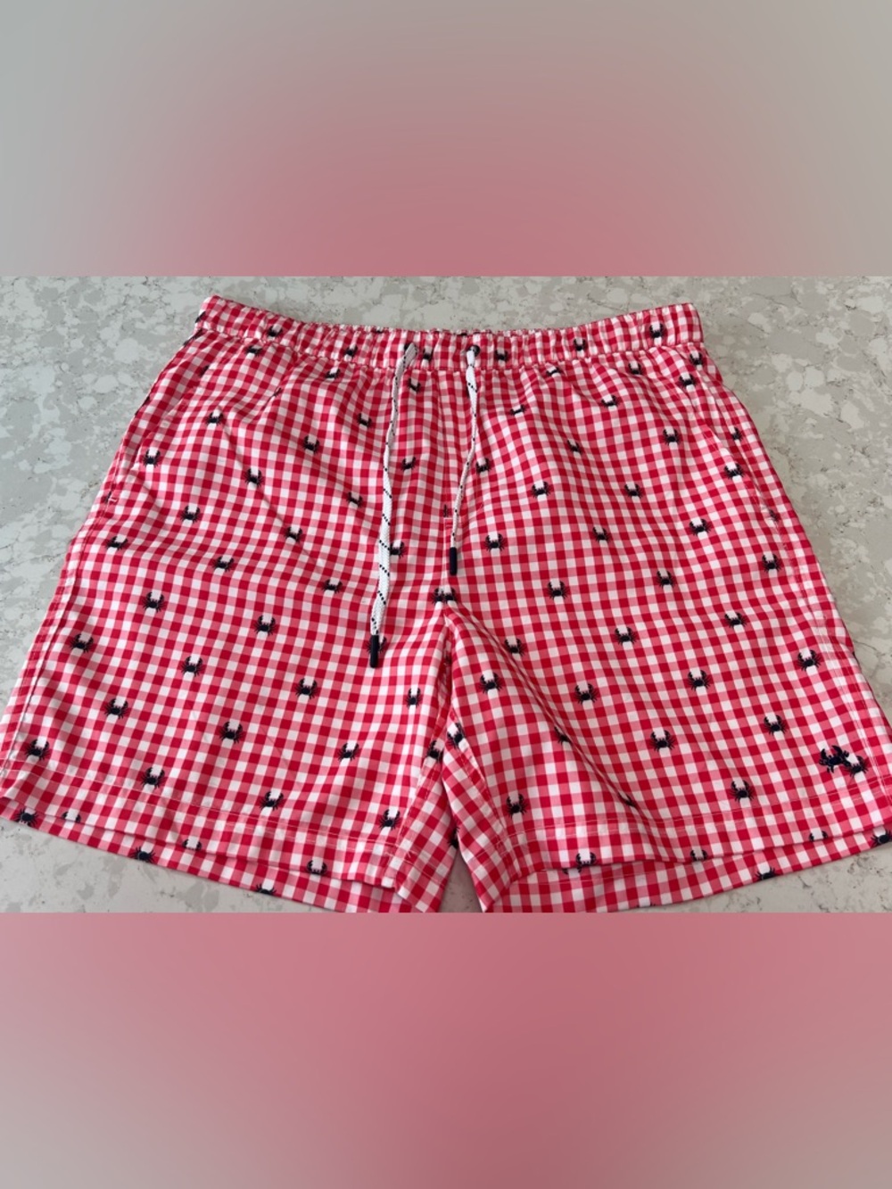 Men's Red Gingham Swim Trunks with Crab Print